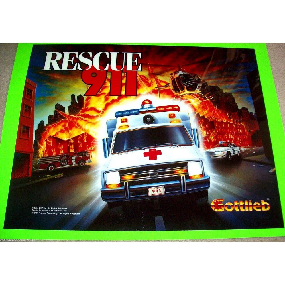 Gottlieb Rescue 911 Pinball Machine Translite Original 1994 Helicopter Ambulance